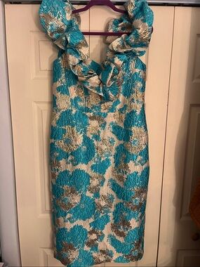 Turquoise and Gold Floral Textured Sheath Dress